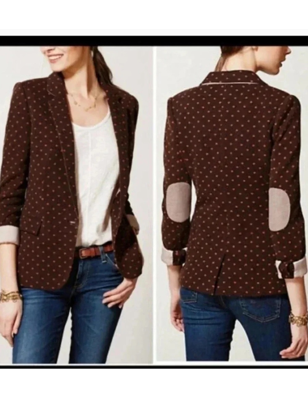 Cartonnier Anthropologie Blazer Jacket Polka Dot Elbow Patch Brown Orange M